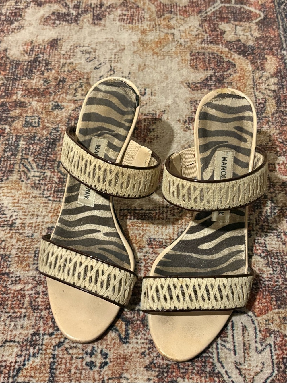 Manolo Blahnik Cream Woven Double-Strap Slide Sandals